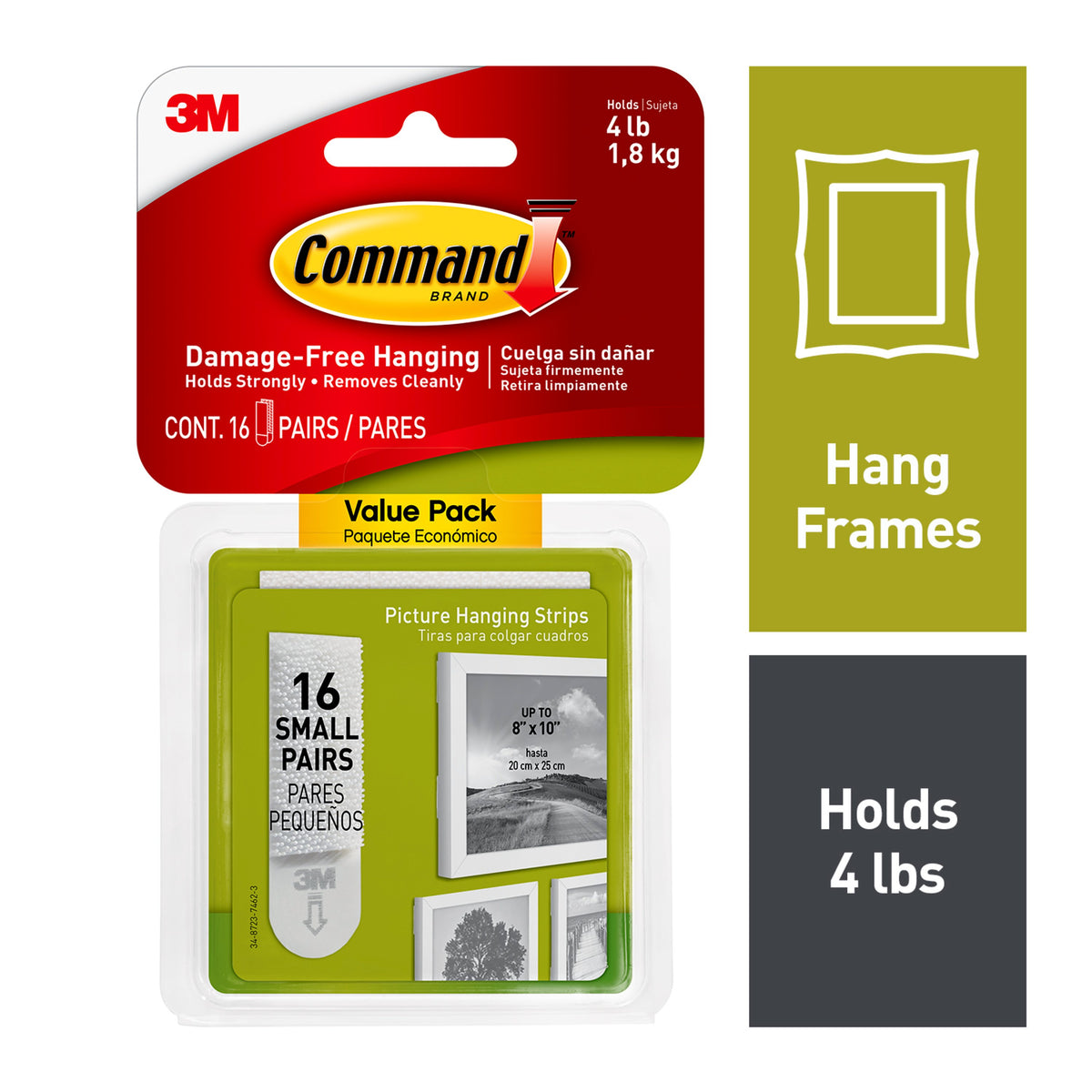 Small Picture Hanging Strips, White, 16 Pairs Per Pack