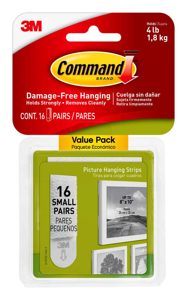 Small Picture Hanging Strips, White, 16 Pairs Per Pack